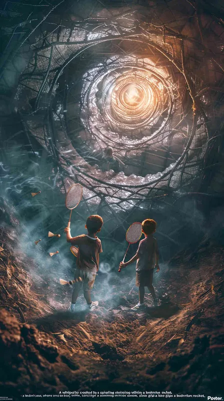 A vortex formed by a spiral staircase, with one boy holding a badminton racket standing inside the vortex, and another boy holding a badminton racket with his back facing the camera. Poster - style2部分