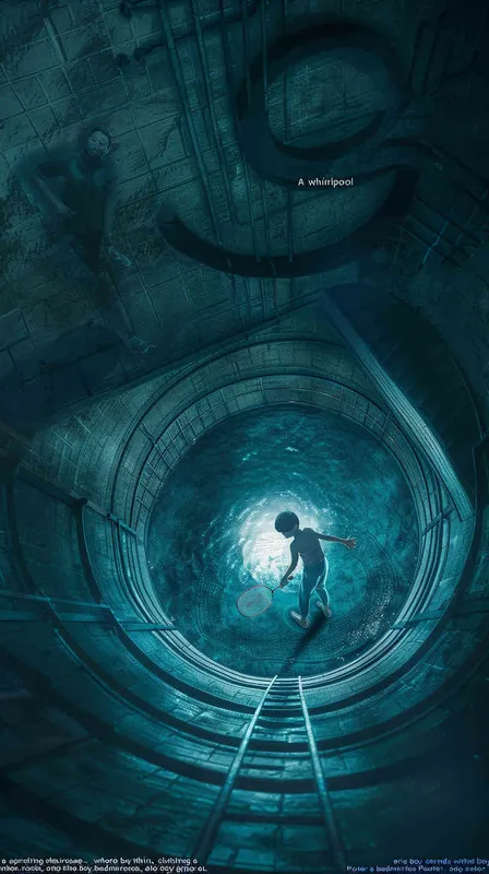A vortex formed by a spiral staircase, with one boy holding a badminton racket standing inside the vortex, and another boy holding a badminton racket with his back facing the camera. Poster - style3部分