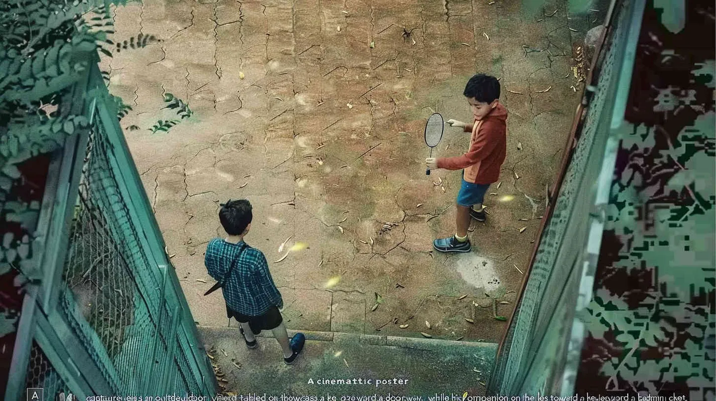 A movie poster, outdoor scene, from a top-down perspective, featuring two boys. The boy on the left is holding a key and facing the door, while the boy on the right is holding a badminton racket. His body is also facing the door, and his eyes is covered in red cloth. He is playing hide and seek outdoors, with scattered badminton balls on the ground - style1部分
