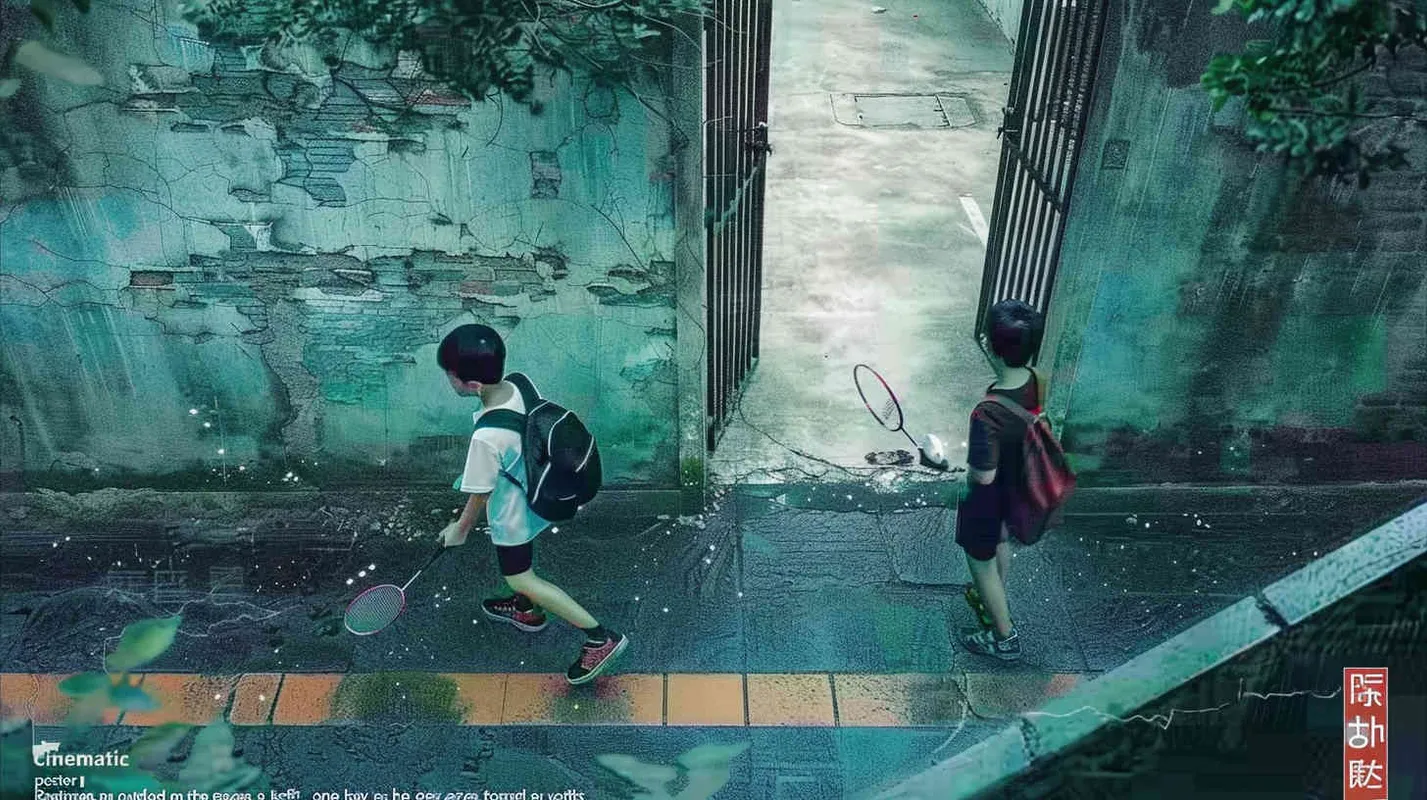 A movie poster, outdoor scene, from a top-down perspective, featuring two boys. The boy on the left is holding a key and facing the door, while the boy on the right is holding a badminton racket. His body is also facing the door, and his eyes is covered in red cloth. He is playing hide and seek outdoors, with scattered badminton balls on the ground - style2部分