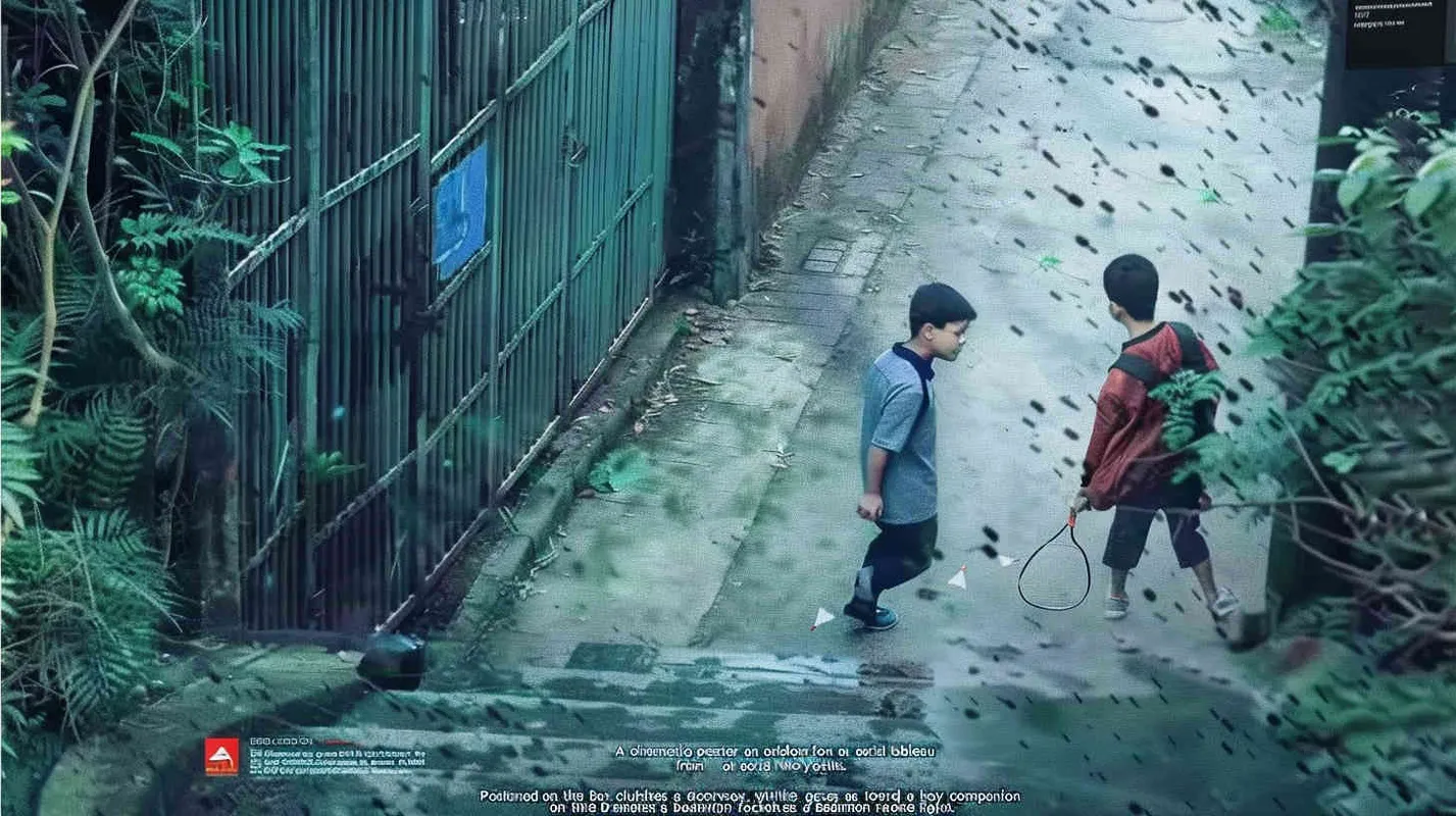 A movie poster, outdoor scene, from a top-down perspective, featuring two boys. The boy on the left is holding a key and facing the door, while the boy on the right is holding a badminton racket. His body is also facing the door, and his eyes is covered in red cloth. He is playing hide and seek outdoors, with scattered badminton balls on the ground - style3部分