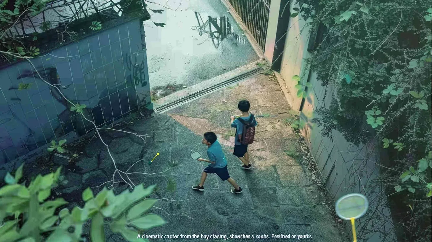A movie poster, outdoor scene, from a top-down perspective, featuring two boys. The boy on the left is holding a key and facing the door, while the boy on the right is holding a badminton racket. His body is also facing the door, and his eyes is covered in red cloth. He is playing hide and seek outdoors, with scattered badminton balls on the ground - style4部分