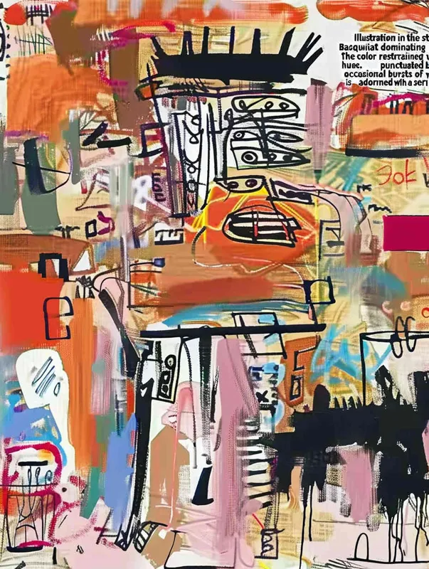 插画，巴斯奎特风格，画面暖色调，土黄色的底色，颜色变化比较单一，画面上有一些规则的线条， - style1部分