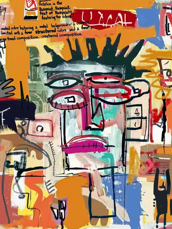 插画，巴斯奎特风格，土黄色的背景，颜色变化比较单一，画面上有一些规则的线条，画面暖色调 - style2部分