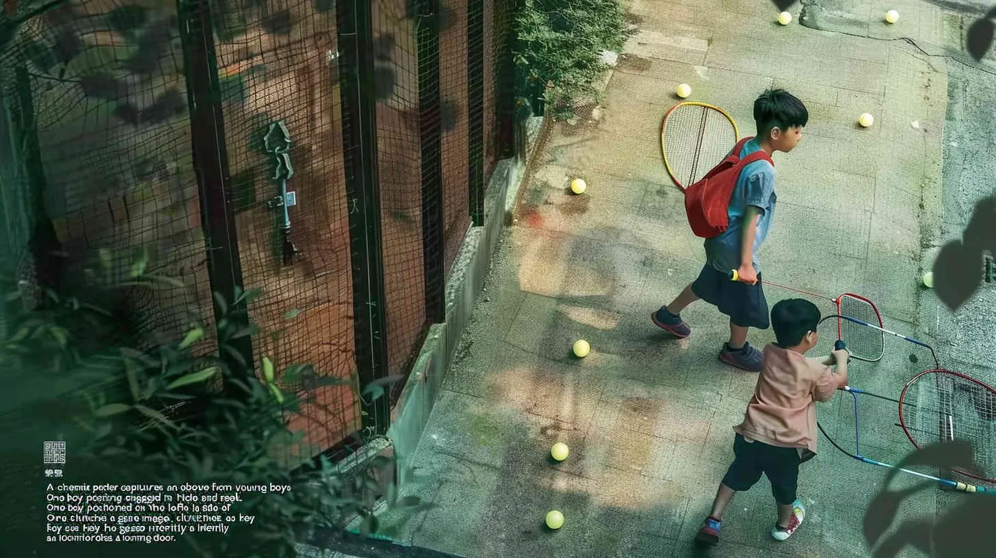 A movie poster, outdoor scene, from a top-down perspective, with two boys playing hide and seek. The boy on the left is holding a key and facing the door, while the boy on the right is holding a badminton racket. His eyes are covered with red cloth strips, and there are scattered badminton balls on the ground - style2部分