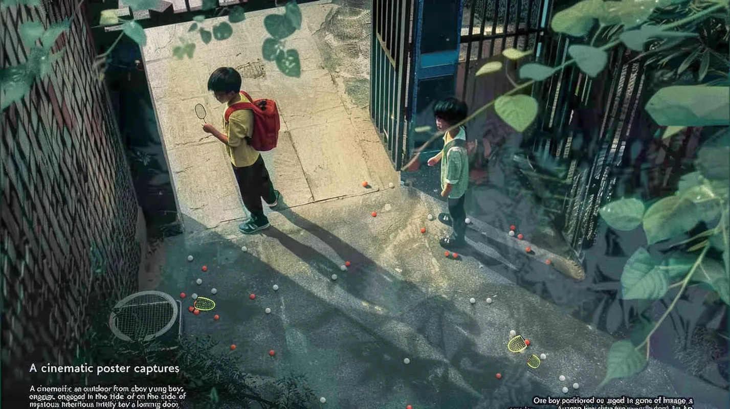 A movie poster, outdoor scene, from a top-down perspective, with two boys playing hide and seek. The boy on the left is holding a key and facing the door, while the boy on the right is holding a badminton racket. His eyes are covered with red cloth strips, and there are scattered badminton balls on the ground - style3部分