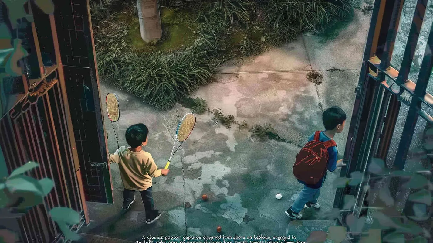 A movie poster, outdoor scene, from a top-down perspective, with two boys playing hide and seek. The boy on the left is holding a key and facing the door, while the boy on the right is holding a badminton racket. His eyes are covered with red cloth strips, and there are scattered badminton balls on the ground - style4部分