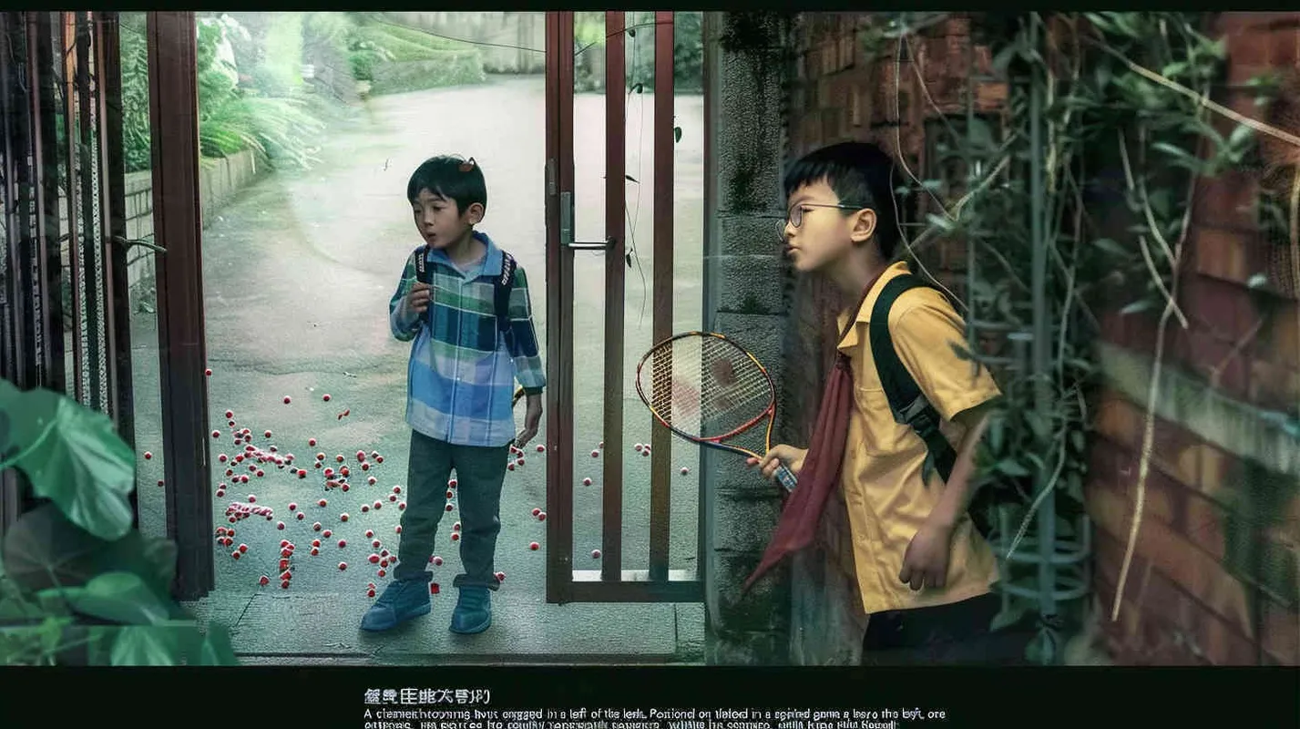 A movie poster, outdoor scene,  with two boys playing hide and seek. The boy on the left is holding a key and facing the door, while the boy on the right is holding a badminton racket. His glasses are covered with red cloth strips, and there are scattered badminton balls on the ground - style1部分