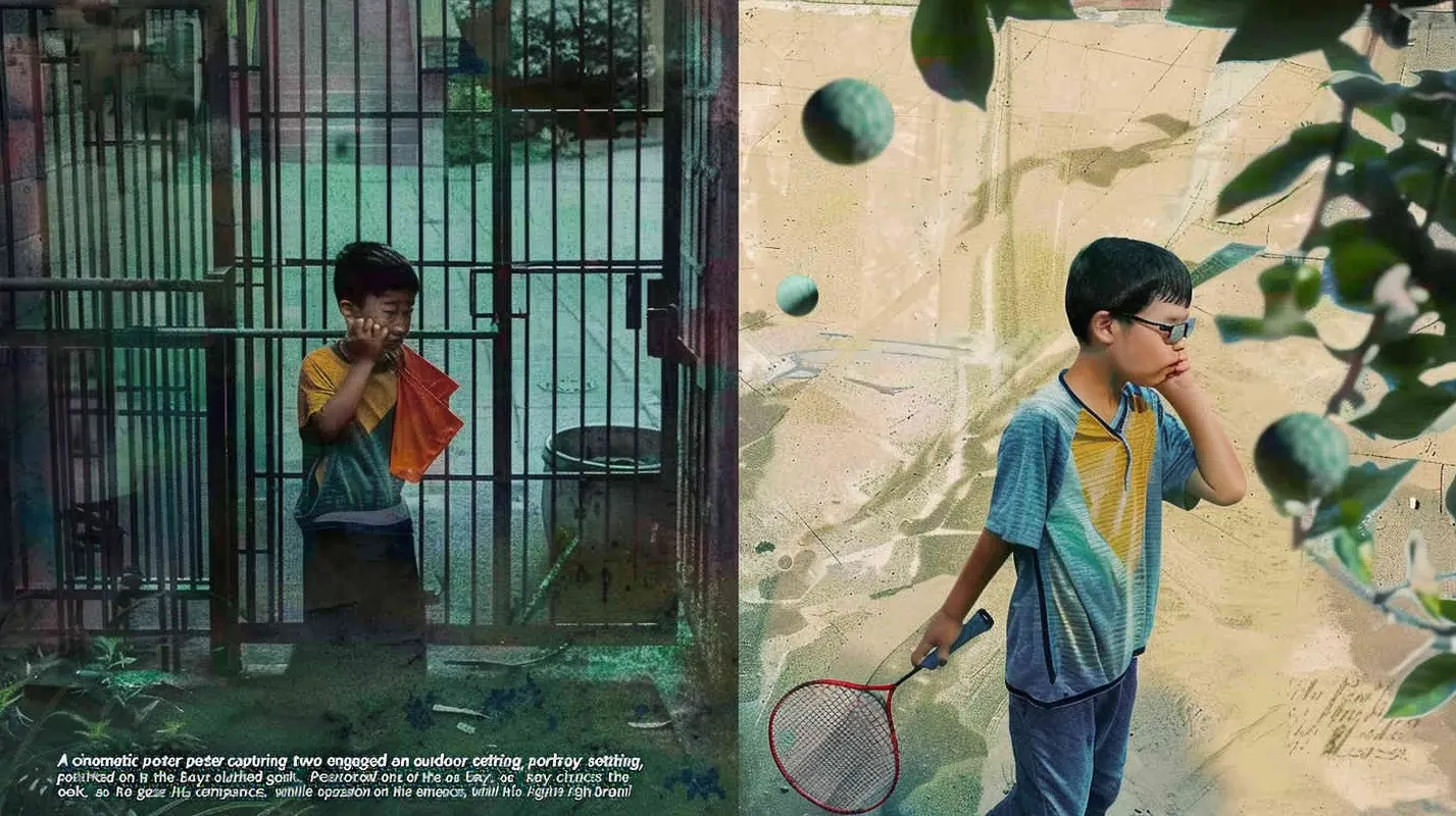 A movie poster, outdoor scene,  with two boys playing hide and seek. The boy on the left is holding a key and facing the door, while the boy on the right is holding a badminton racket. His glasses are covered with red cloth strips, and there are scattered badminton balls on the ground - style2部分