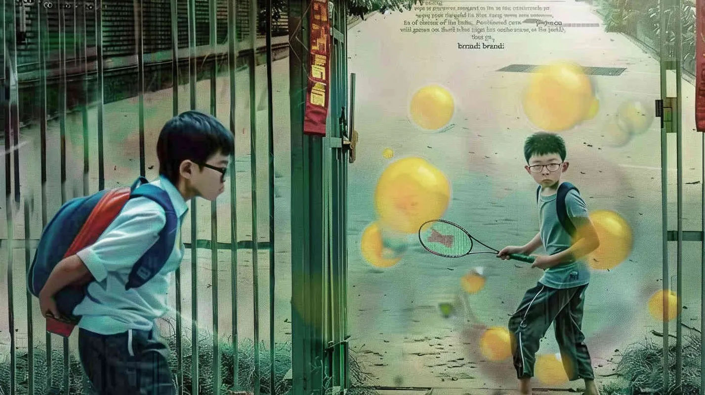 A movie poster, outdoor scene,  with two boys playing hide and seek. The boy on the left is holding a key and facing the door, while the boy on the right is holding a badminton racket. His glasses are covered with red cloth strips, and there are scattered badminton balls on the ground - style3部分