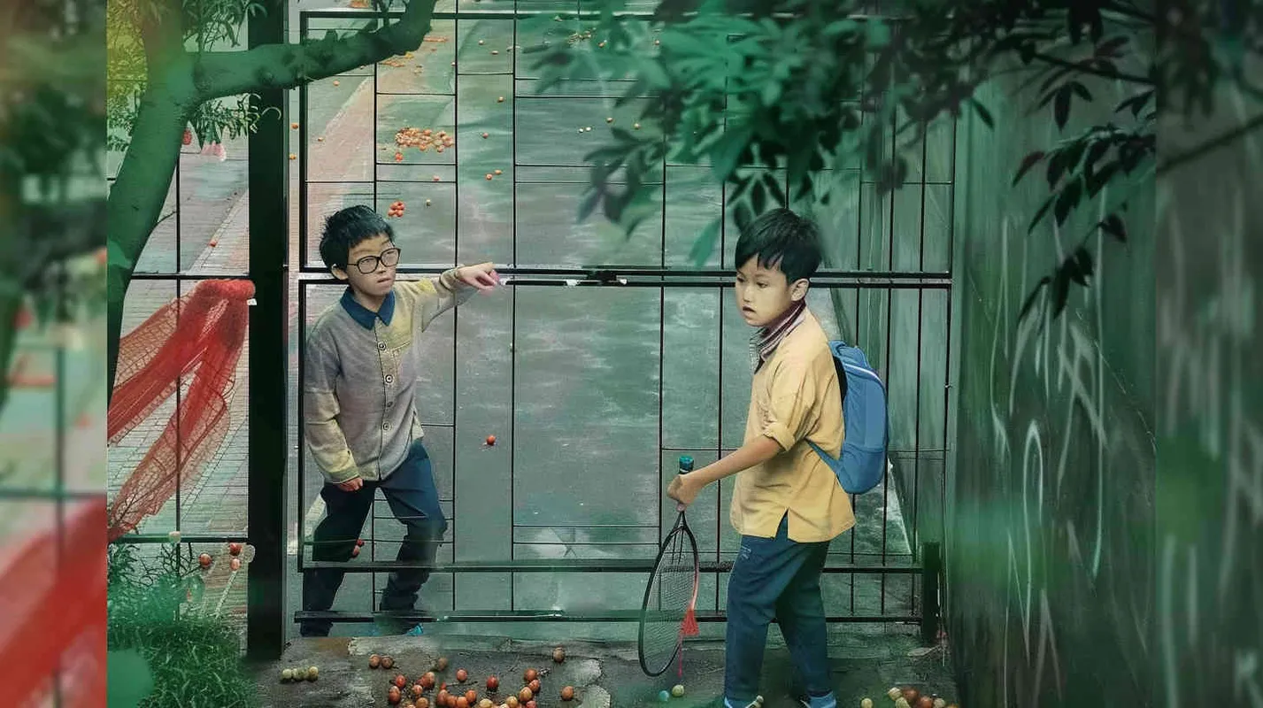 A movie poster, outdoor scene,  with two boys playing hide and seek. The boy on the left is holding a key and facing the door, while the boy on the right is holding a badminton racket. His glasses are covered with red cloth strips, and there are scattered badminton balls on the ground - style4部分