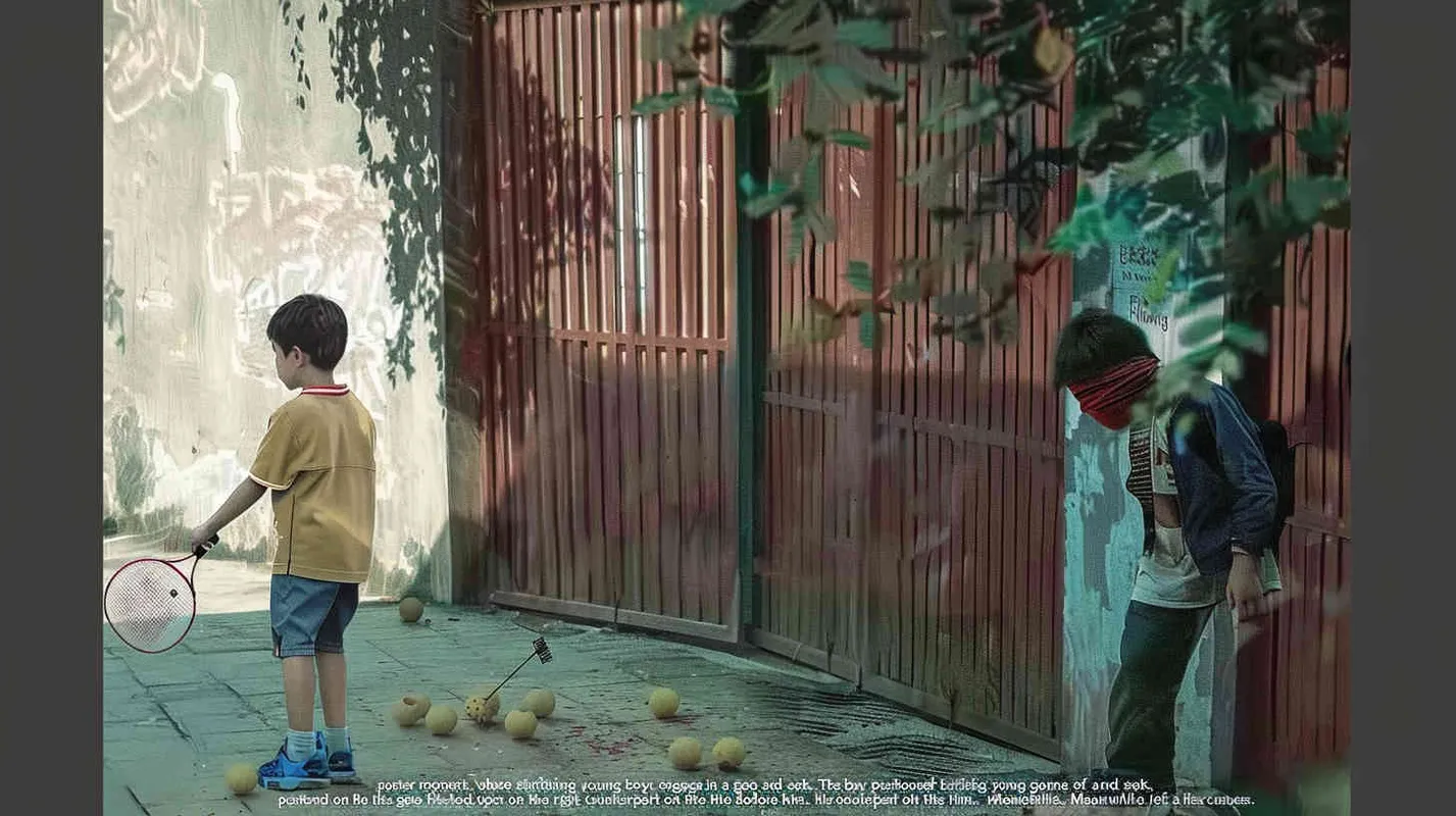A movie poster, outdoor scene, with two handsome boys playing hide and seek. The boy on the left is holding a key and facing the door, while the boy on the right is holding a badminton racket. His eyes are covered with red cloth, and there are scattered badminton balls on the ground - style1部分