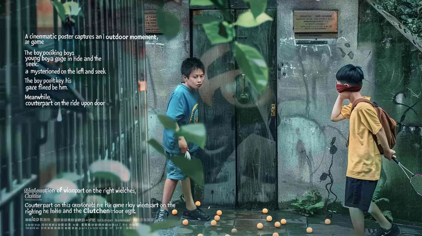 A movie poster, outdoor scene, with two handsome boys playing hide and seek. The boy on the left is holding a key and facing the door, while the boy on the right is holding a badminton racket. His eyes are covered with red cloth, and there are scattered badminton balls on the ground - style2部分
