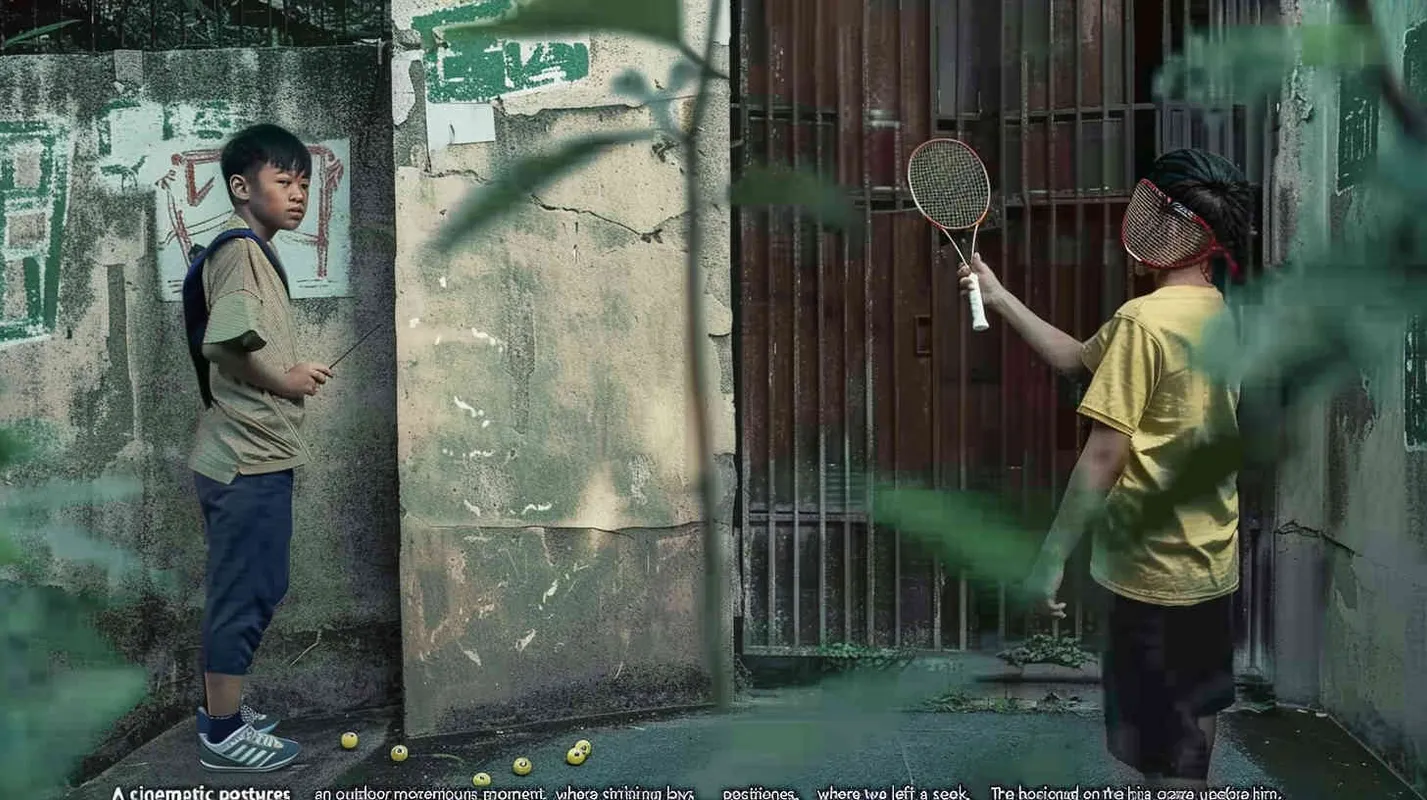 A movie poster, outdoor scene, with two handsome boys playing hide and seek. The boy on the left is holding a key and facing the door, while the boy on the right is holding a badminton racket. His eyes are covered with red cloth, and there are scattered badminton balls on the ground - style3部分