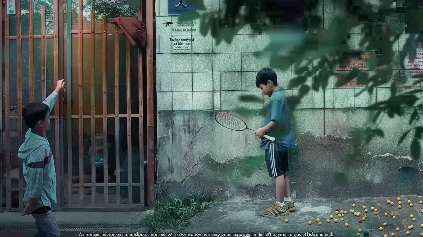 A movie poster, outdoor scene, with two handsome boys playing hide and seek. The boy on the left is holding a key and facing the door, while the boy on the right is holding a badminton racket. His eyes are covered with red cloth, and there are scattered badminton balls on the ground - style4部分