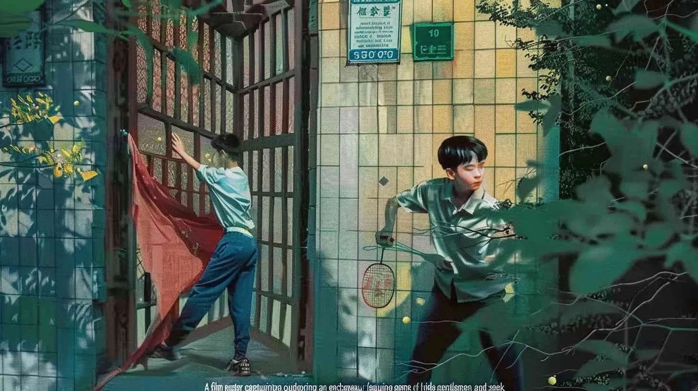 A movie poster, outdoor scene, with two handsome boys playing hide and seek. The boy on the left is holding a key and facing the door, while the boy on the right is holding a badminton racket. His eyes are covered with red cloth, and there are scattered badminton balls on the ground - style1部分