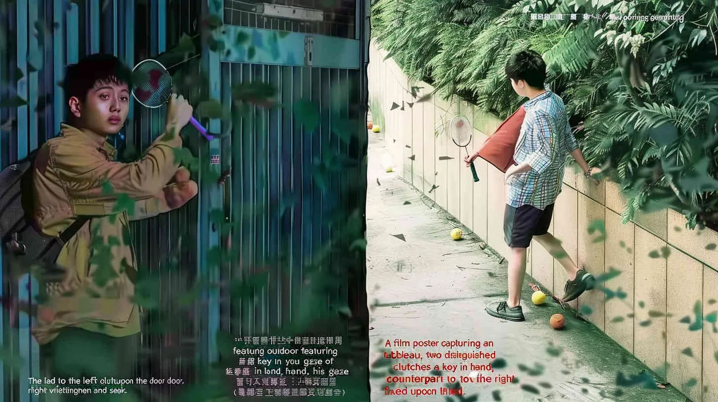 A movie poster, outdoor scene, with two handsome boys playing hide and seek. The boy on the left is holding a key and facing the door, while the boy on the right is holding a badminton racket. His eyes are covered with red cloth, and there are scattered badminton balls on the ground - style2部分