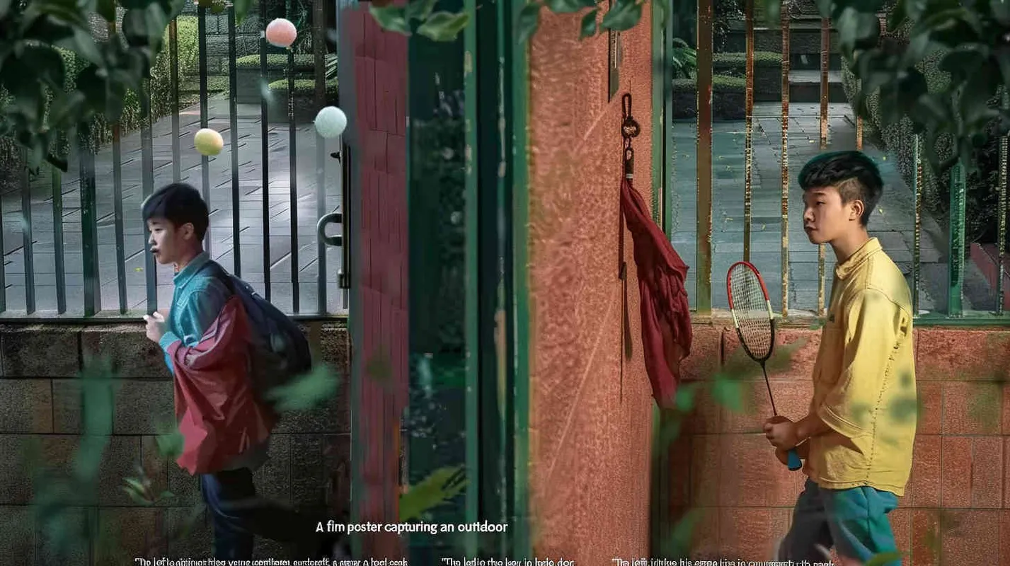 A movie poster, outdoor scene, with two handsome boys playing hide and seek. The boy on the left is holding a key and facing the door, while the boy on the right is holding a badminton racket. His eyes are covered with red cloth, and there are scattered badminton balls on the ground - style3部分