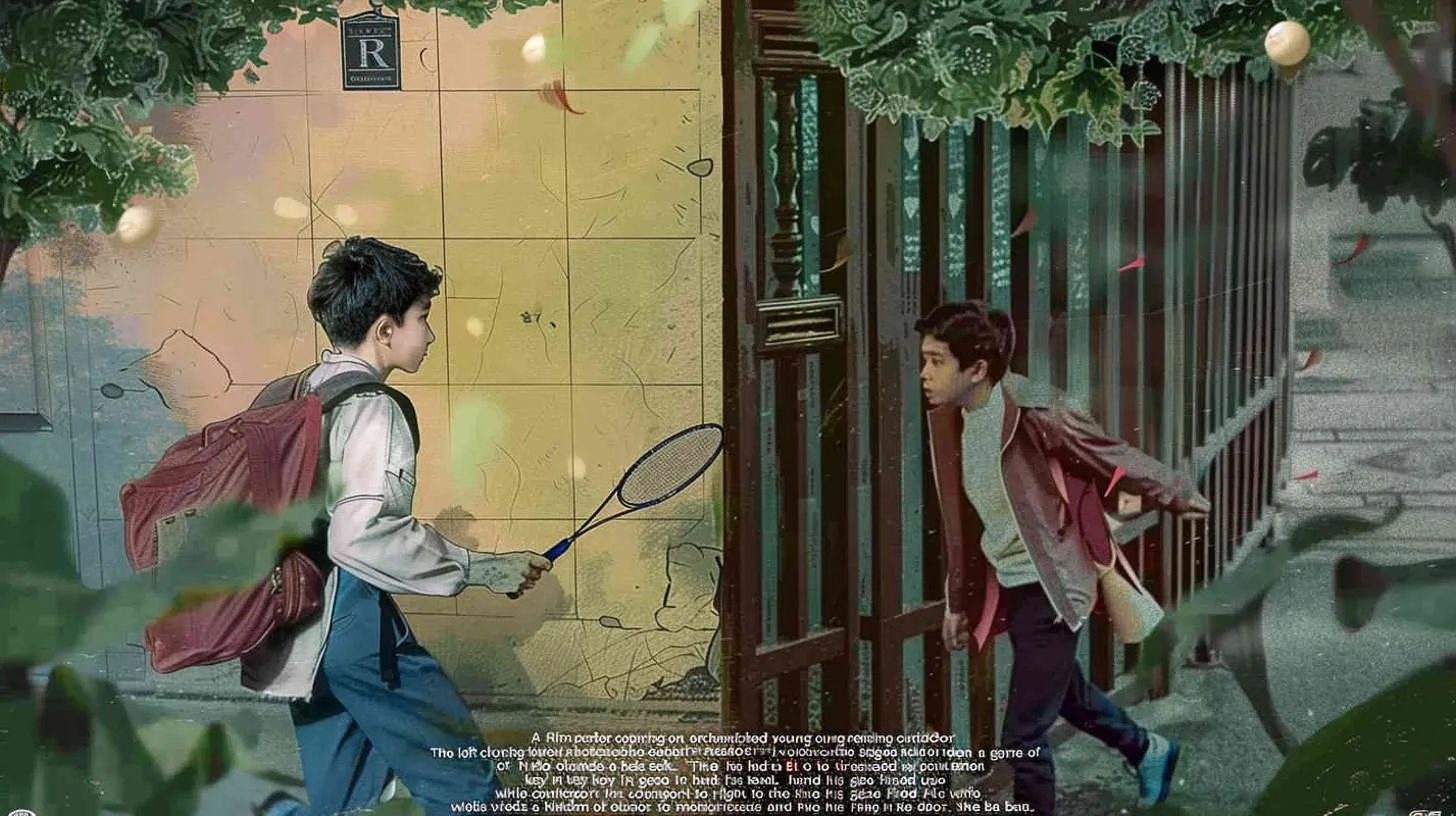 A movie poster, outdoor scene, with two handsome boys playing hide and seek. The boy on the left is holding a key and facing the door, while the boy on the right is holding a badminton racket. His eyes are covered with red cloth, and there are scattered badminton balls on the ground - style4部分