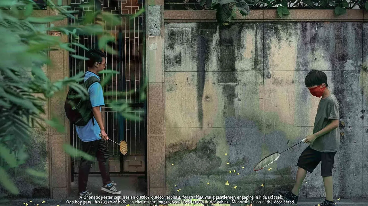 A movie poster, outdoor scene, with two handsome boys playing hide and seek. The boy on the left is holding a key and facing the door, while the boy on the right is holding a badminton racket. His eyes are covered with red cloth, and there are scattered badminton balls on the ground - style1部分