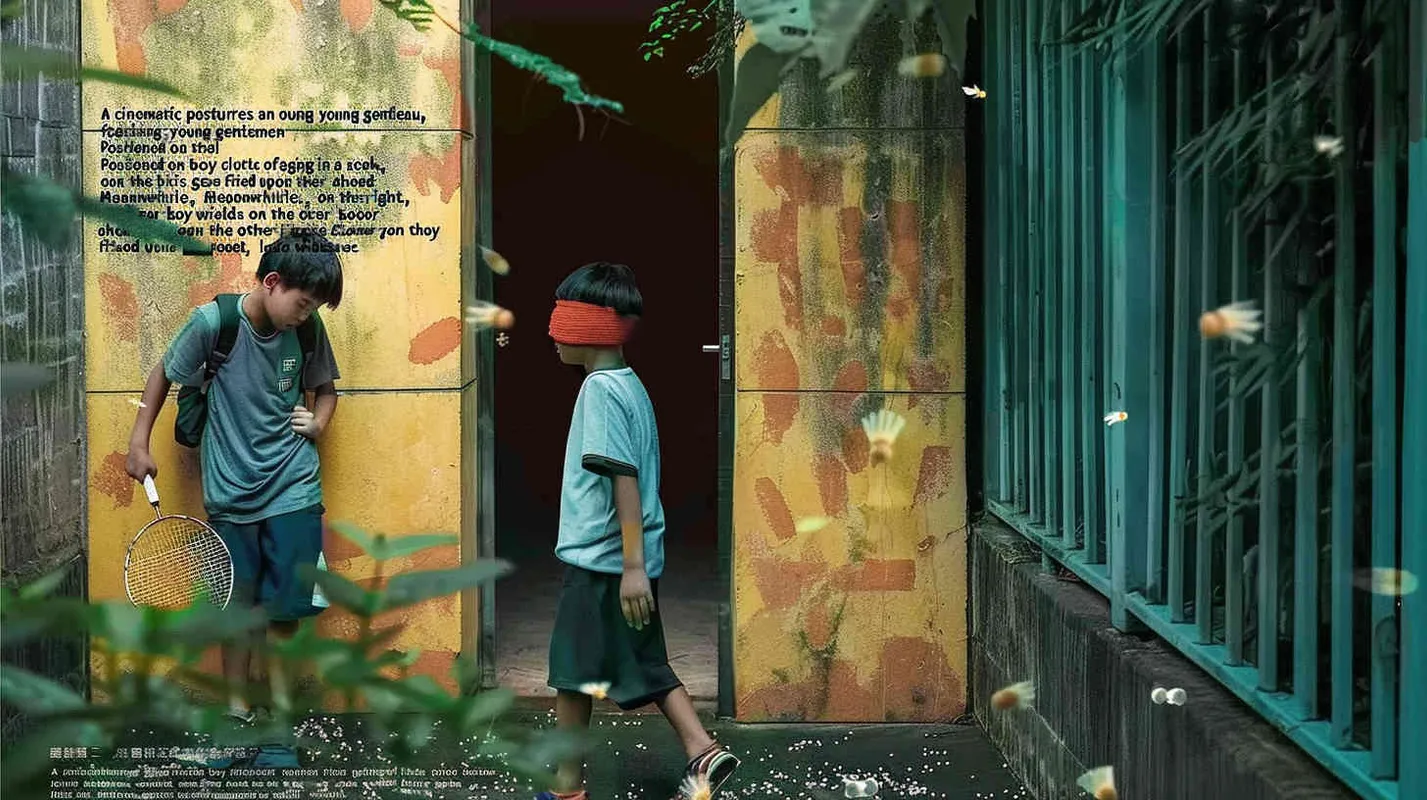 A movie poster, outdoor scene, with two handsome boys playing hide and seek. The boy on the left is holding a key and facing the door, while the boy on the right is holding a badminton racket. His eyes are covered with red cloth, and there are scattered badminton balls on the ground - style2部分