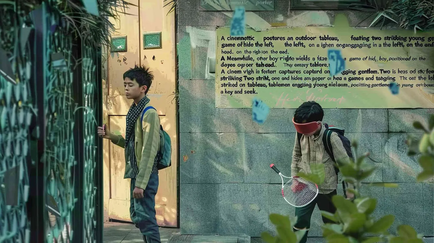 A movie poster, outdoor scene, with two handsome boys playing hide and seek. The boy on the left is holding a key and facing the door, while the boy on the right is holding a badminton racket. His eyes are covered with red cloth, and there are scattered badminton balls on the ground - style3部分