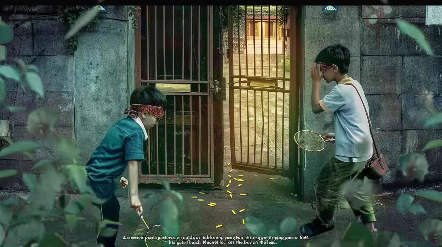 A movie poster, outdoor scene, with two handsome boys playing hide and seek. The boy on the left is holding a key and facing the door, while the boy on the right is holding a badminton racket. His eyes are covered with red cloth, and there are scattered badminton balls on the ground - style4部分