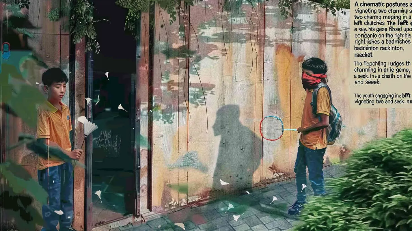 A movie poster, outdoor scene, with two handsome boys playing hide and seek. The boy on the left is holding a key and facing the door, while the boy on the right is holding a badminton racket. His eyes are covered with red cloth, and there are scattered badminton balls on the ground - style1部分
