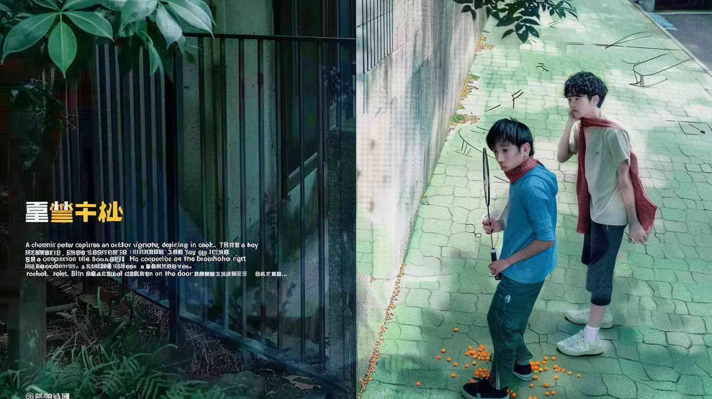 A movie poster, outdoor scene, with two handsome boys playing hide and seek. The boy on the left is holding a key and facing the door, while the boy on the right is holding a badminton racket. His eyes are covered with red cloth, and there are scattered badminton balls on the ground - style2部分