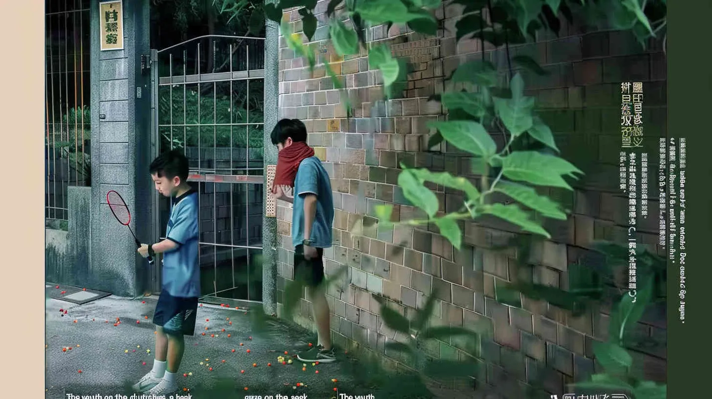A movie poster, outdoor scene, with two handsome boys playing hide and seek. The boy on the left is holding a key and facing the door, while the boy on the right is holding a badminton racket. His eyes are covered with red cloth, and there are scattered badminton balls on the ground - style3部分