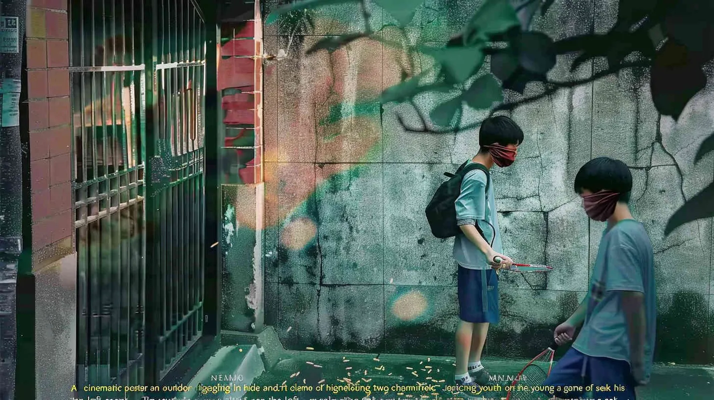 A movie poster, outdoor scene, with two handsome boys playing hide and seek. The boy on the left is holding a key and facing the door, while the boy on the right is holding a badminton racket. His eyes are covered with red cloth, and there are scattered badminton balls on the ground - style4部分