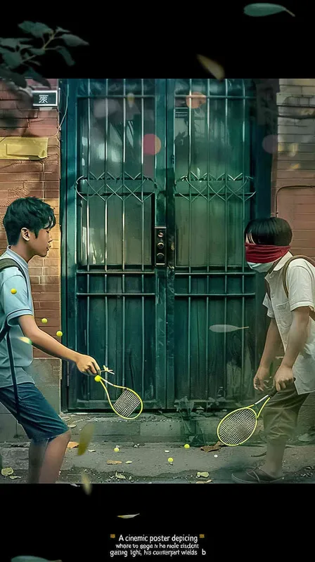 a movie poster, outdoor scene, two college students playing hide and seek. The male college student on the left is holding a key and facing the door, while the male college student on the right is holding a badminton racket. His eyes were covered in red cloth, and badminton balls were scattered on the ground - style1部分