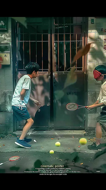 a movie poster, outdoor scene, two college students playing hide and seek. The male college student on the left is holding a key and facing the door, while the male college student on the right is holding a badminton racket. His eyes were covered in red cloth, and badminton balls were scattered on the ground - style2部分