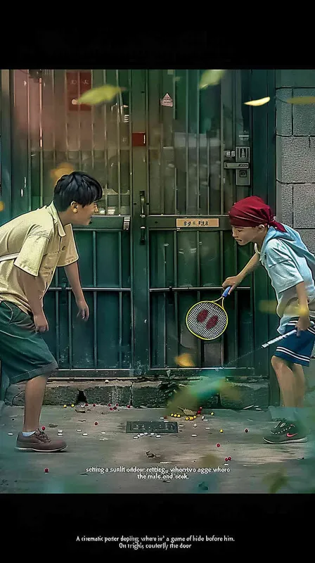 a movie poster, outdoor scene, two college students playing hide and seek. The male college student on the left is holding a key and facing the door, while the male college student on the right is holding a badminton racket. His eyes were covered in red cloth, and badminton balls were scattered on the ground - style3部分