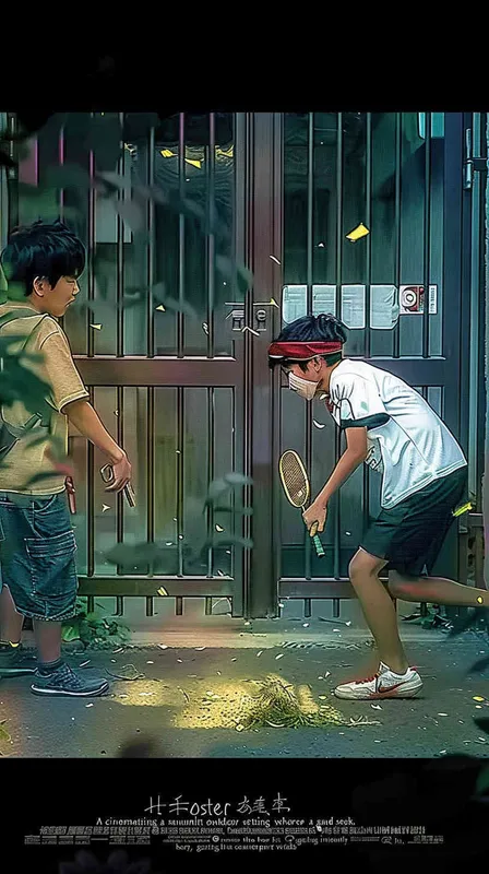 a movie poster, outdoor scene, two college students playing hide and seek. The male college student on the left is holding a key and facing the door, while the male college student on the right is holding a badminton racket. His eyes were covered in red cloth, and badminton balls were scattered on the ground - style4部分