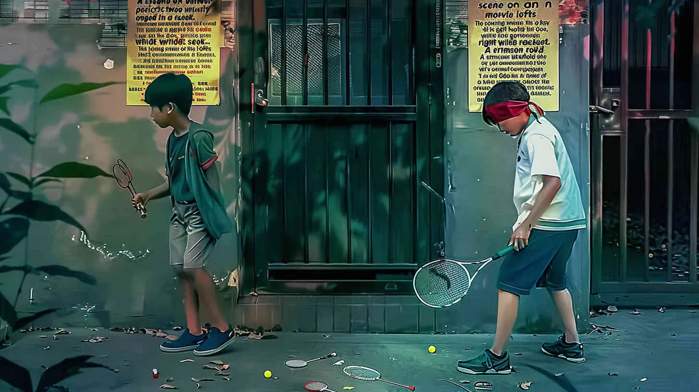 a movie poster, outdoor scene, two college students playing hide and seek. The male college student on the left is holding a key and facing the door, while the male college student on the right is holding a badminton racket. His eyes were covered in red cloth, and badminton balls were scattered on the ground – AI绘画作品展示 | Midjourney中文版生成