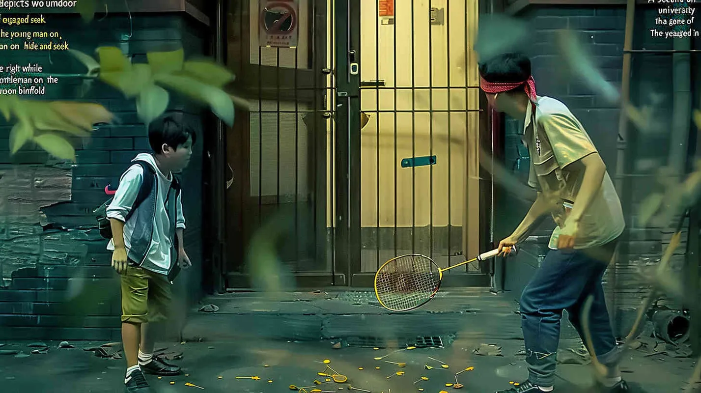 a movie poster, outdoor scene, two college students playing hide and seek. The male college student on the left is holding a key and facing the door, while the male college student on the right is holding a badminton racket. His eyes were covered in red cloth, and badminton balls were scattered on the ground - style2部分