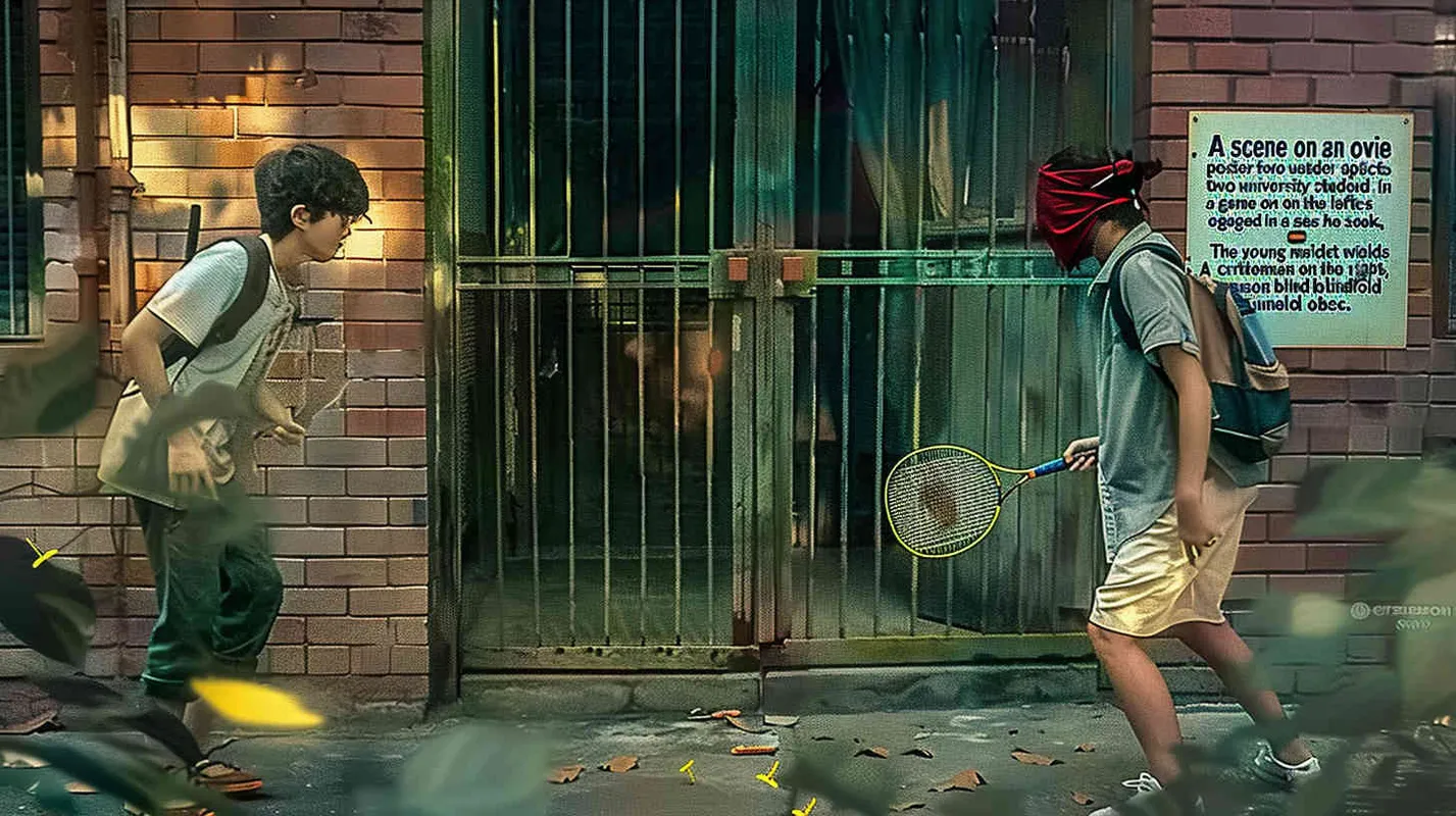 a movie poster, outdoor scene, two college students playing hide and seek. The male college student on the left is holding a key and facing the door, while the male college student on the right is holding a badminton racket. His eyes were covered in red cloth, and badminton balls were scattered on the ground - style3部分