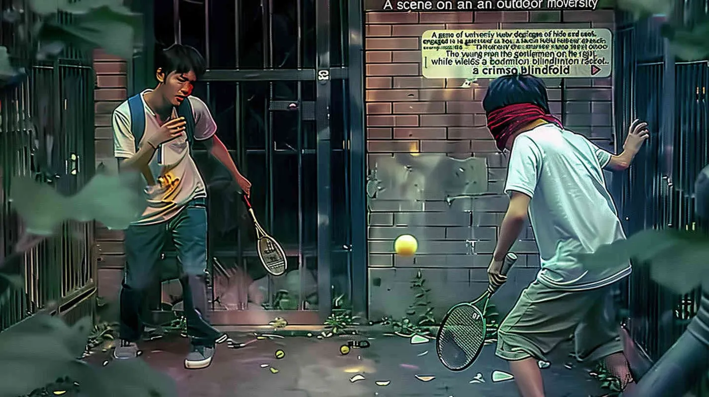a movie poster, outdoor scene, two college students playing hide and seek. The male college student on the left is holding a key and facing the door, while the male college student on the right is holding a badminton racket. His eyes were covered in red cloth, and badminton balls were scattered on the ground - style4部分