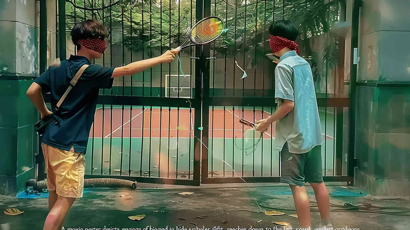 Movie poster, in which two male college students are playing hide and seek outdoors. The male college student on the left bends down to hold a racket, while the male college student on the right faces the shiny iron door. Both college students have their eyes covered in red cloth - style3部分