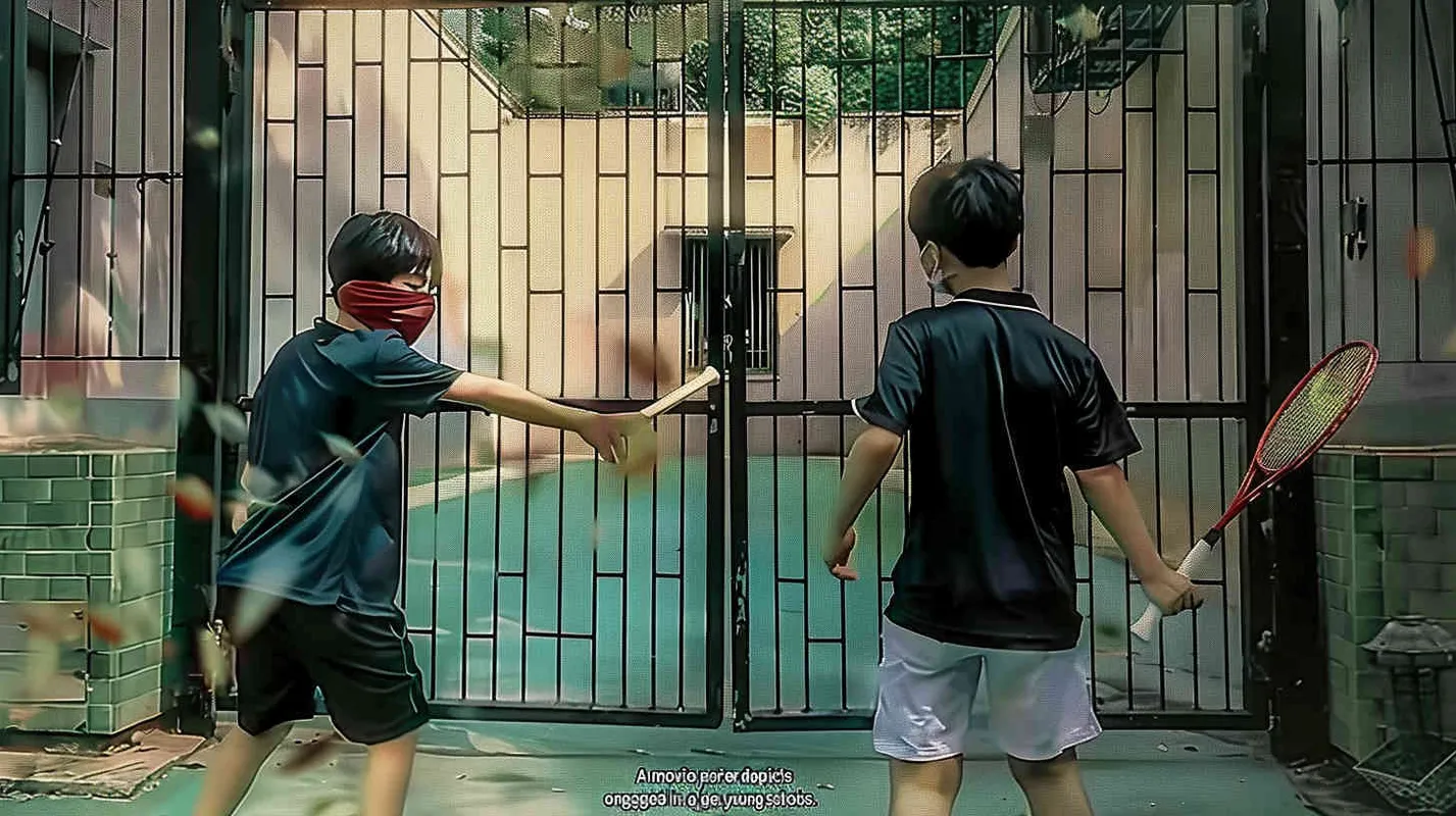 Movie poster, in which two male college students are playing hide and seek outdoors. The male college student on the left bends down to hold a racket, while the male college student on the right faces the shiny iron door. Both college students have their eyes covered in red cloth - style4部分