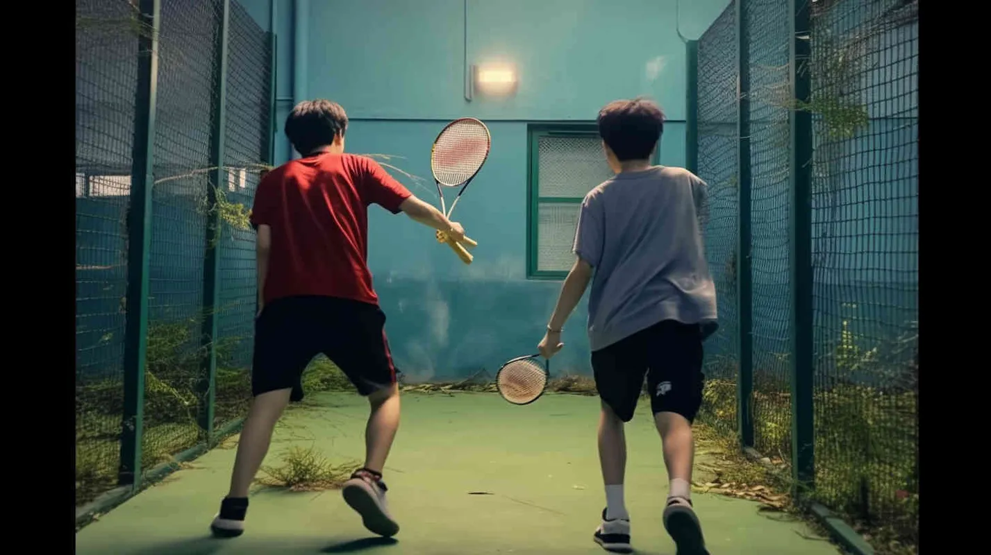 Movie poster, in which two male college students are playing hide and seek outdoors. The male college student on the left bends down to hold a racket, while the male college student on the right faces the shiny iron door. Both college students have their eyes covered in red cloth - style2部分