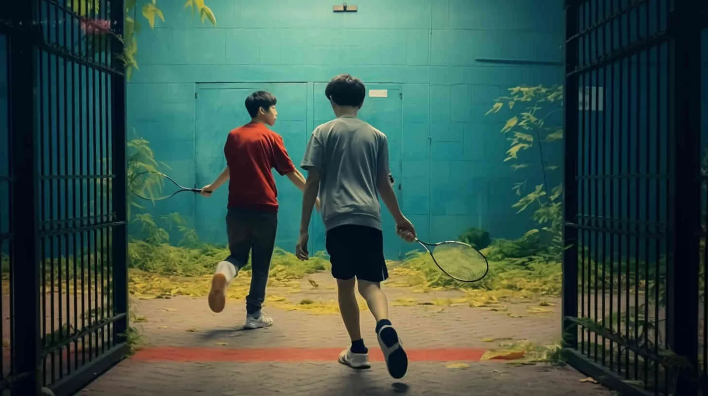 Movie poster, in which two male college students are playing hide and seek outdoors. The male college student on the left bends down to hold a racket, while the male college student on the right faces the shiny iron door. Both college students have their eyes covered in red cloth - style3部分