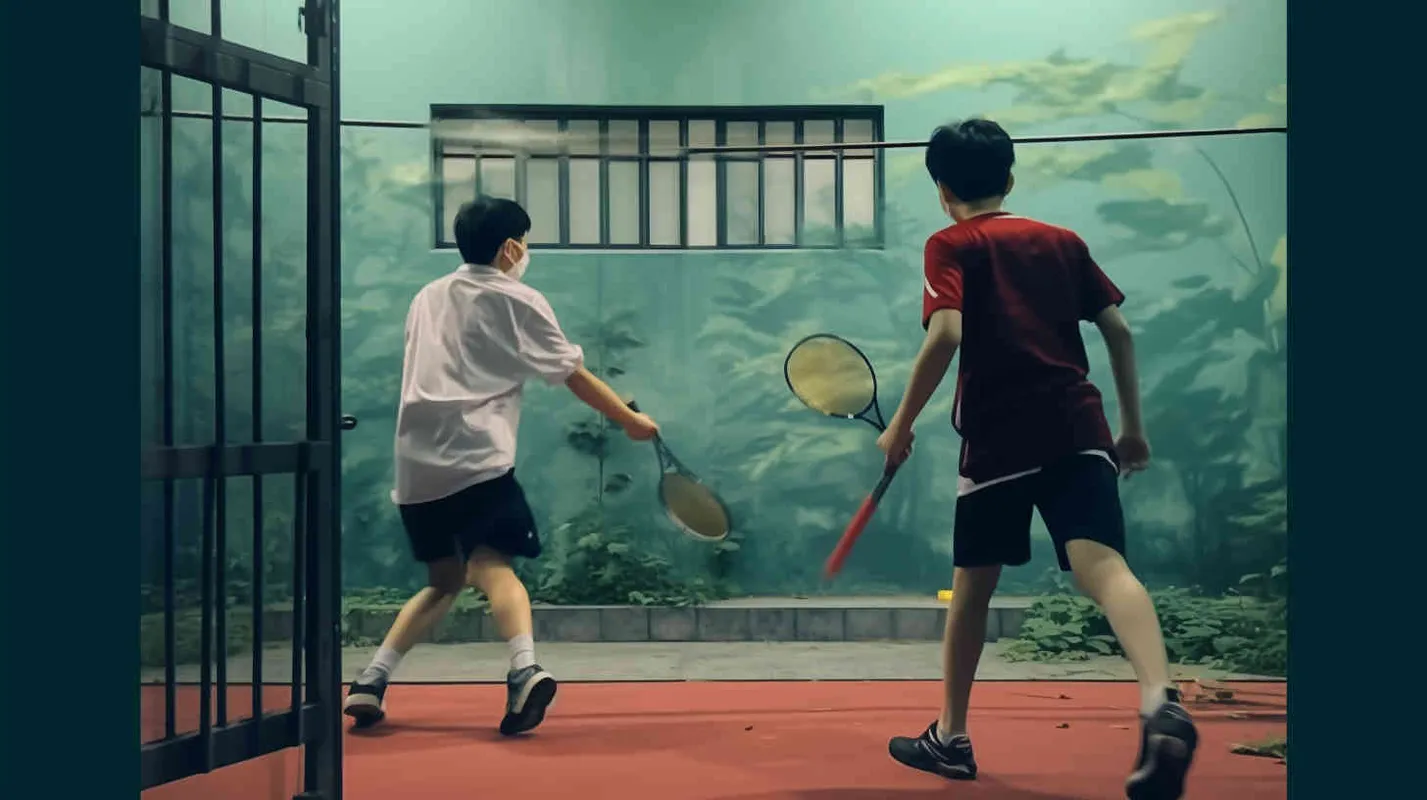 Movie poster, in which two male college students are playing hide and seek outdoors. The male college student on the left bends down to hold a racket, while the male college student on the right faces the shiny iron door. Both college students have their eyes covered in red cloth - style4部分
