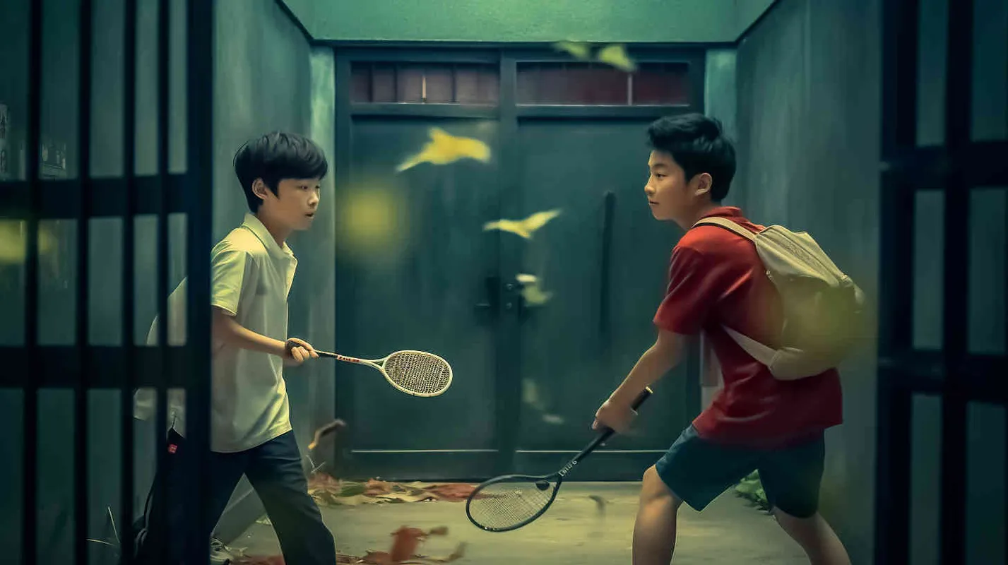 movie poster, two male college students playing hide and seek outdoors. There is a door between the two college students. The male college student on the left bends down to hold a badminton racket, while the male college student on the right faces the glowing iron door. The eyes of both college students are covered with red cloth, and some badminton balls are scattered on the ground - style1部分