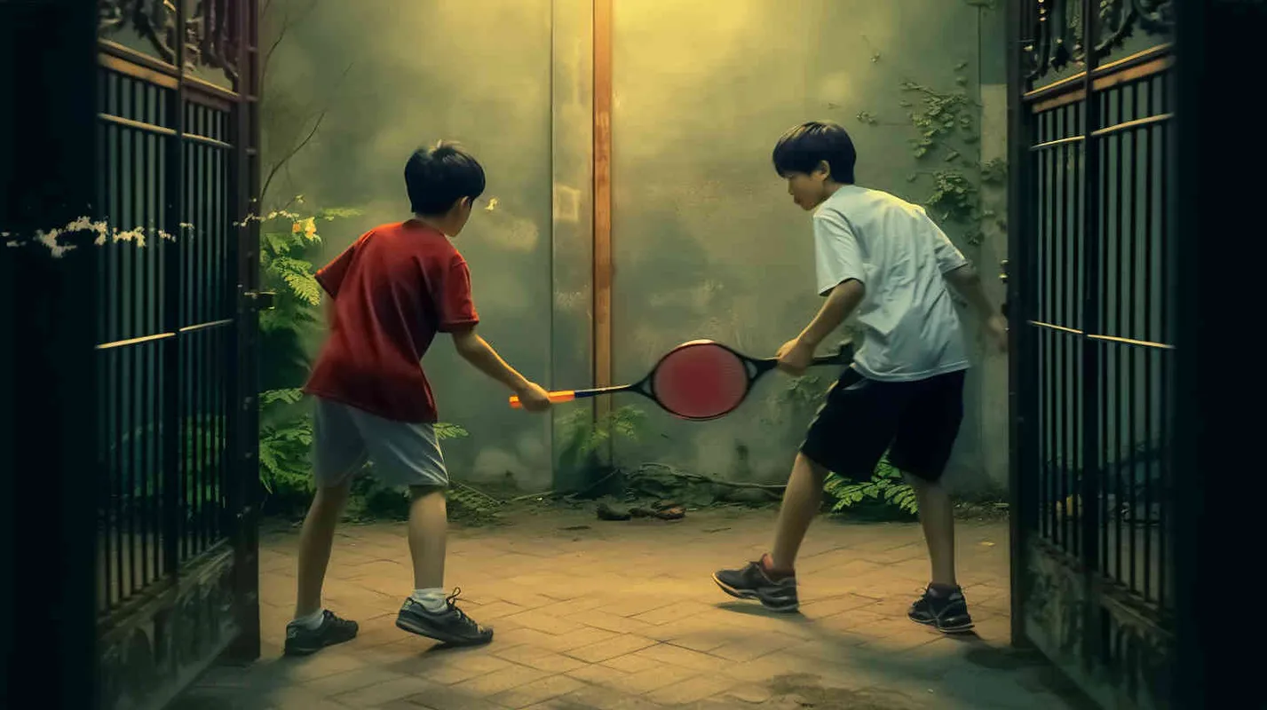 movie poster, two male college students playing hide and seek outdoors. There is a door between the two college students. The male college student on the left bends down to hold a badminton racket, while the male college student on the right faces the glowing iron door. The eyes of both college students are covered with red cloth, and some badminton balls are scattered on the ground - style2部分