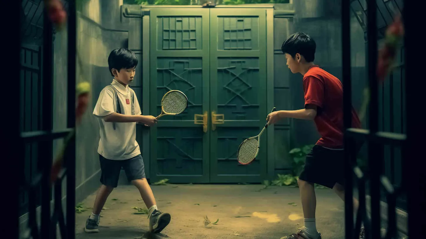 movie poster, two male college students playing hide and seek outdoors. There is a door between the two college students. The male college student on the left bends down to hold a badminton racket, while the male college student on the right faces the glowing iron door. The eyes of both college students are covered with red cloth, and some badminton balls are scattered on the ground - style3部分