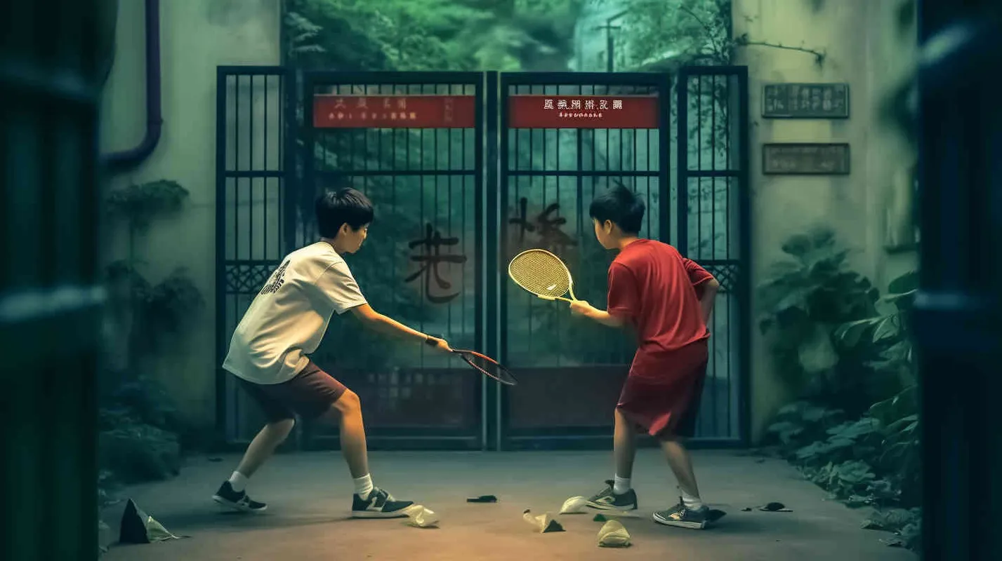 movie poster, two male college students playing hide and seek outdoors. There is a door between the two college students. The male college student on the left bends down to hold a badminton racket, while the male college student on the right faces the glowing iron door. The eyes of both college students are covered with red cloth, and some badminton balls are scattered on the ground - style4部分