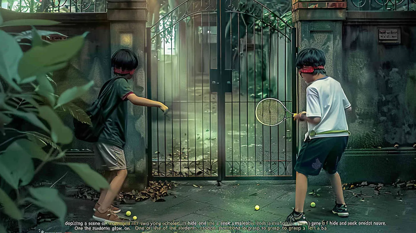 movie poster, two male college students playing hide and seek outdoors. There is a door between the two college students. The male college student on the left bends down to hold a badminton racket, while the male college student on the right faces the glowing iron door. The eyes of both college students are covered with red cloth, and some badminton balls are scattered on the ground - style1部分