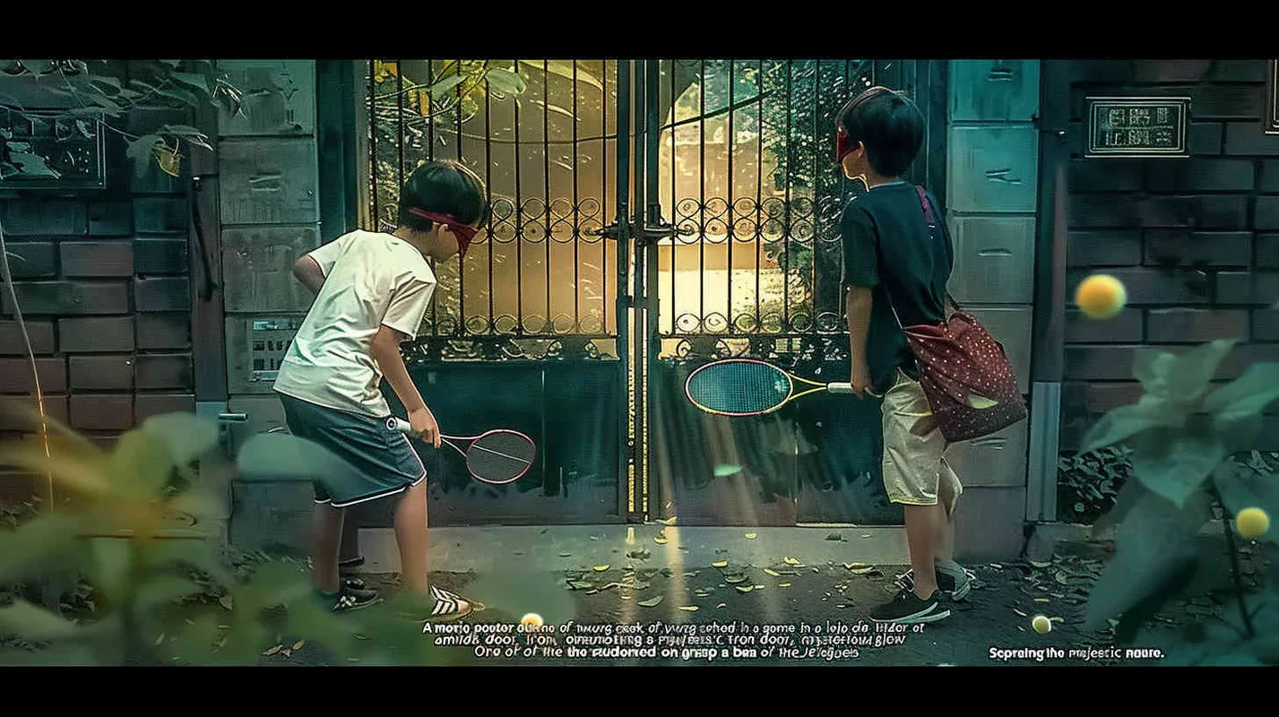 movie poster, two male college students playing hide and seek outdoors. There is a door between the two college students. The male college student on the left bends down to hold a badminton racket, while the male college student on the right faces the glowing iron door. The eyes of both college students are covered with red cloth, and some badminton balls are scattered on the ground - style2部分